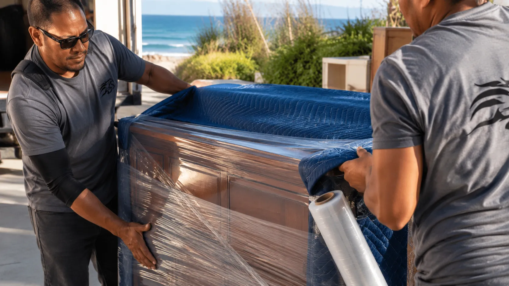 Movers wrapping furniture in protective padding for a beachfront move in Carpinteria