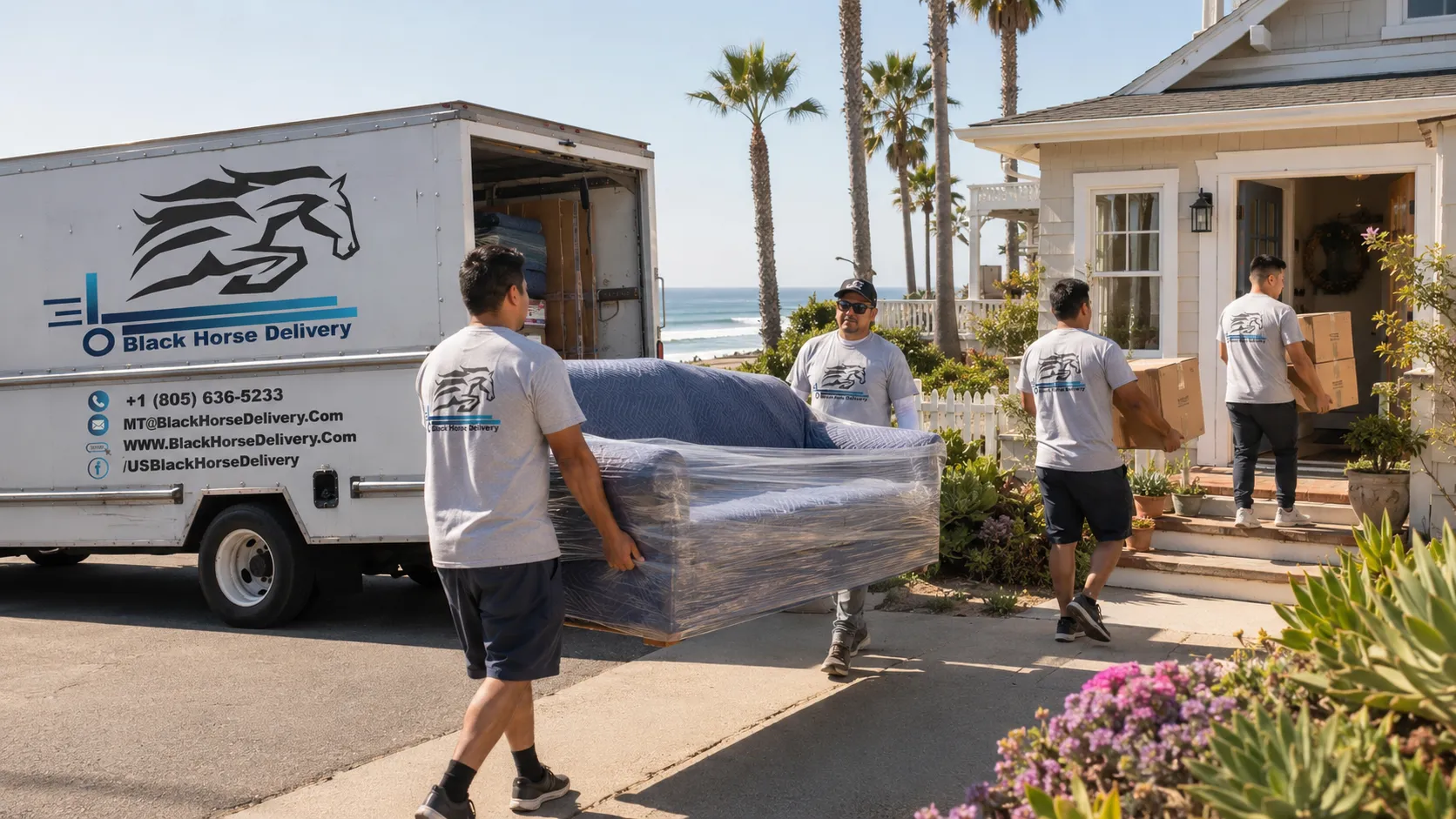 Black Horse Delivery movers carrying furniture from a truck to a Carpinteria beach bungalow