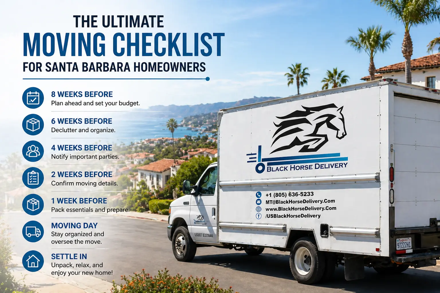 Black Horse Delivery moving truck with an 8-week moving checklist for Santa Barbara homeowners