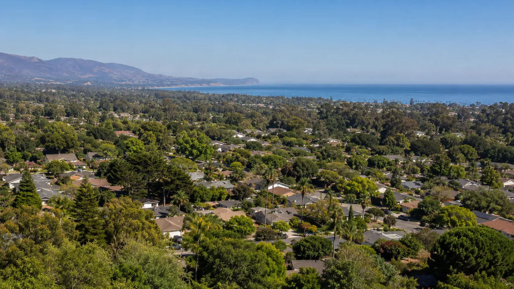 View over Goleta neighborhoods toward UCSB and the coast