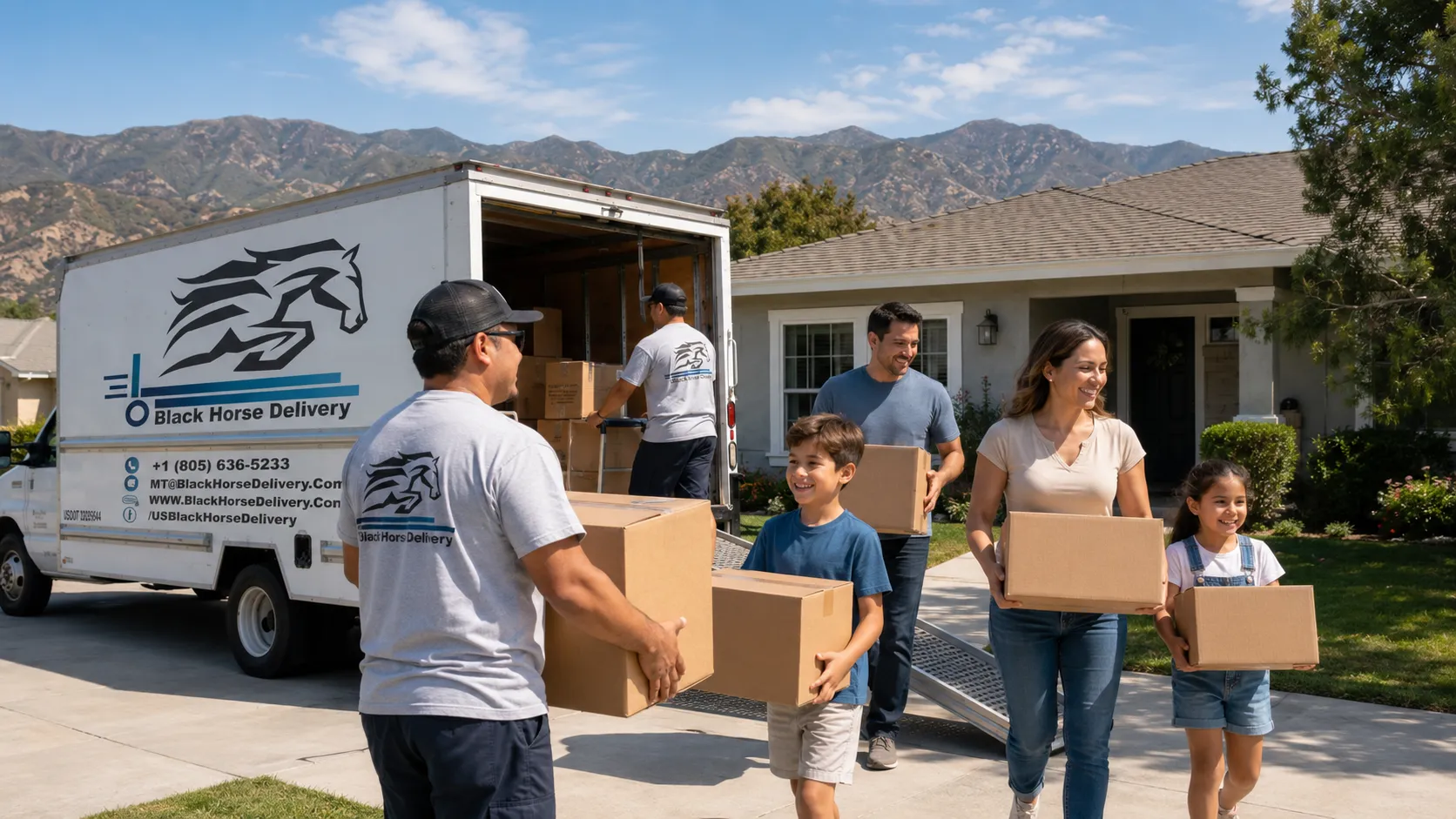 A family moving into a Goleta home with the Santa Ynez foothills in the background