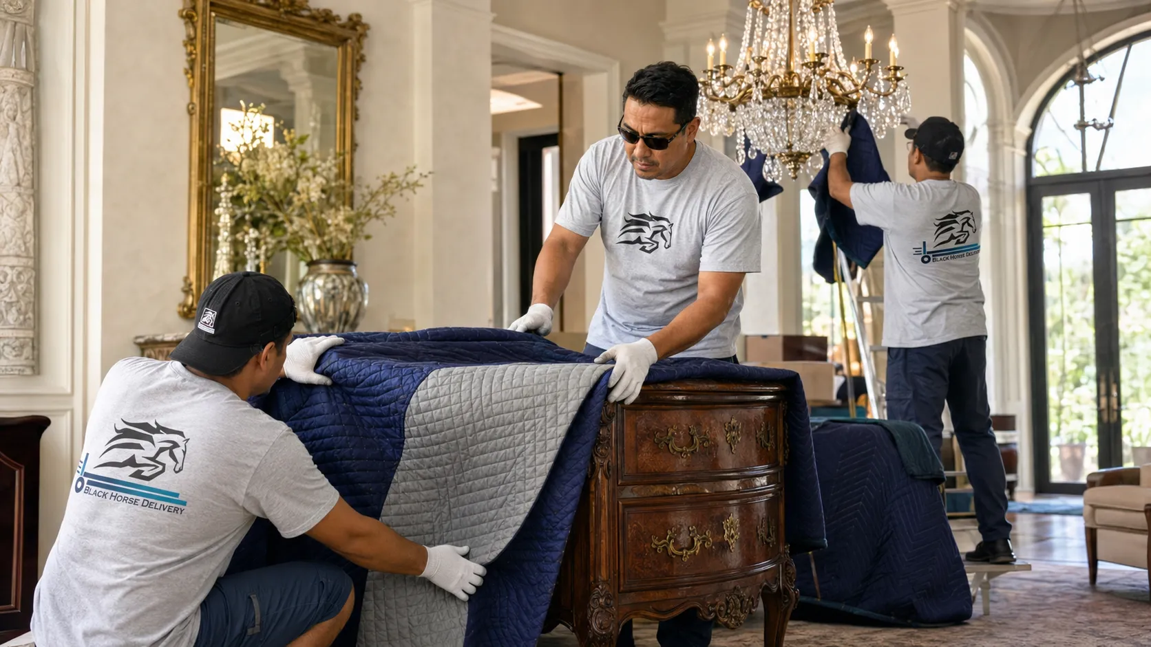 White-glove movers wrapping fine furniture and a chandelier in a Hope Ranch estate