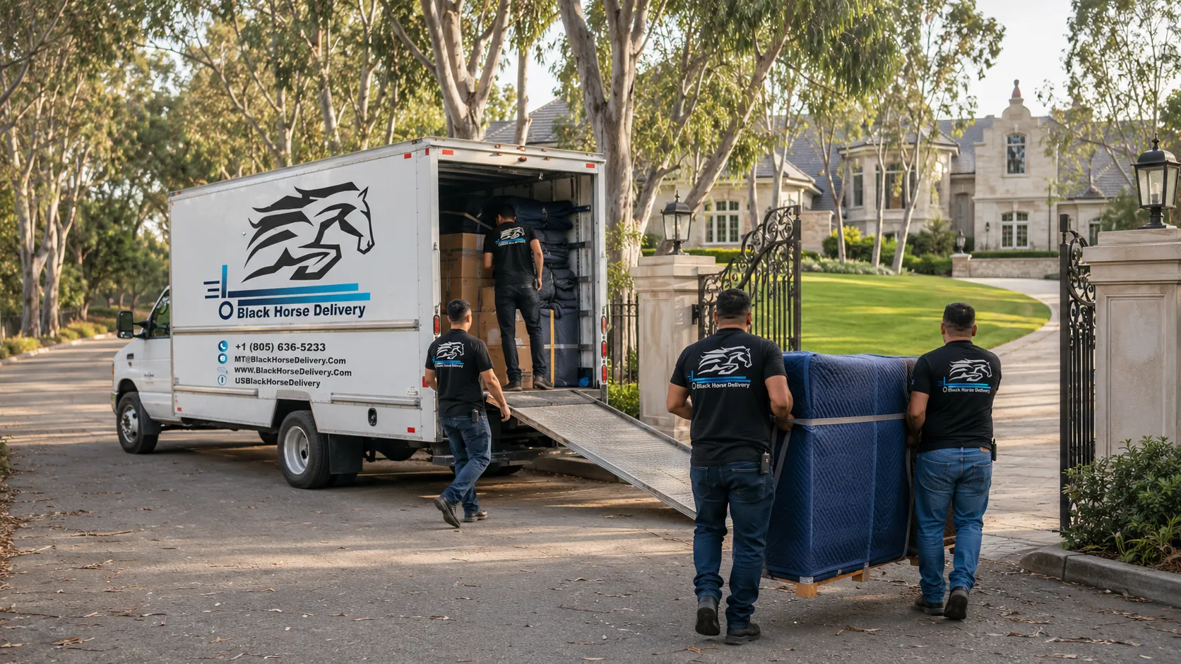 An estate move underway at a gated Hope Ranch property along a eucalyptus-lined road