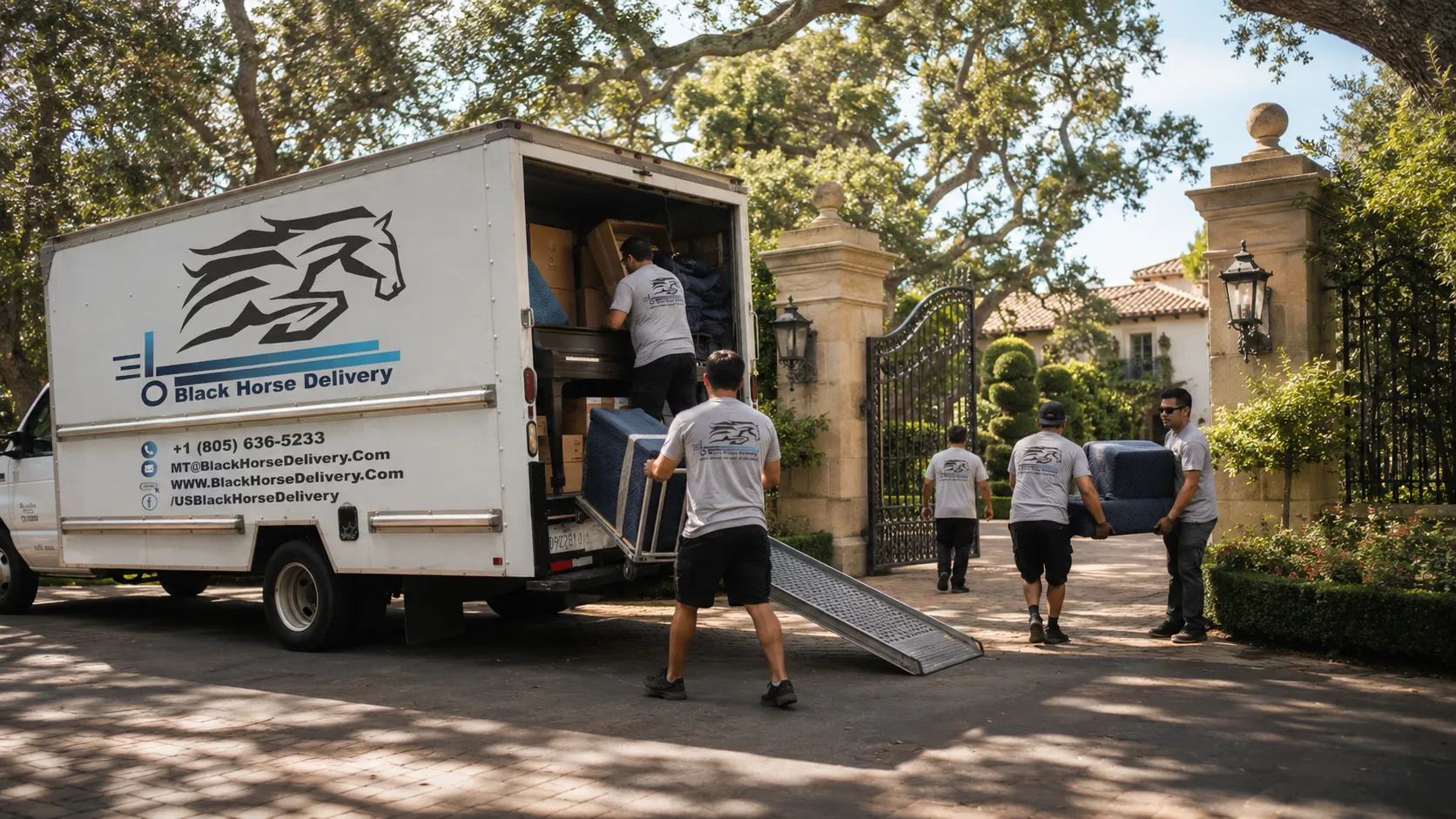 A Black Horse Delivery crew at the gated entrance of a Montecito estate framed by oak trees