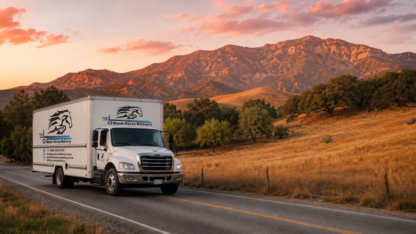 A Black Horse Delivery moving truck on a tree-lined road entering the Ojai Valley with mountains behind