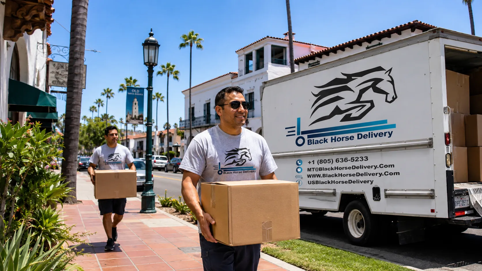 Black Horse Delivery movers carrying boxes near State Street in downtown Santa Barbara on moving day